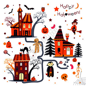 秋天万圣节快乐有人物矢量的房子妈和幽灵吸血鬼有扫帚的小孩飞蝙蝠和猫坐在闹鬼屋的顶上晚树秋天万圣节快乐有人物的房子快乐图片