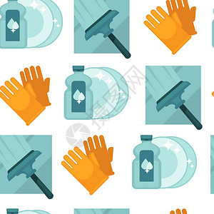 清洁服务工具和仪器无缝模式矢量使用手套和液体洗刷倒在塑料瓶中的板块洗涤和堆积用粉刷拖把擦地板清洁服务工具和仪器无缝模式矢量图片