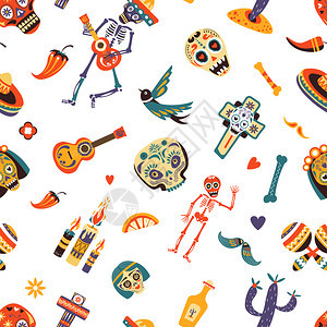 墨西哥传统节日无缝模式的DiadelosMuertos矢量贺卡Mecixan装饰品的矢量设计墨西哥传统节日无缝模式的DiaMue图片