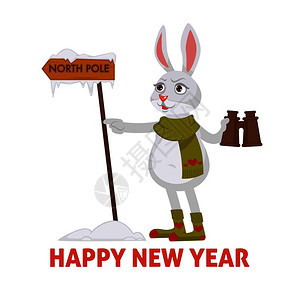 新年快乐海报上面有兔子搜索北极向矢量的兔子动物把望远镜放在爪子上看木桌指示器冬天的霜冻兔子穿着针织的围巾和带装饰袜子新年快乐海报图片