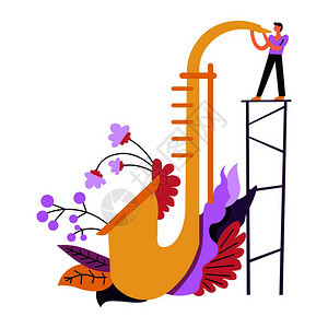 音乐家站在梯子上吹大号角人表演艺术家男娱乐者花朵和叶子装饰音乐会男在管子上演奏爵士乐图片