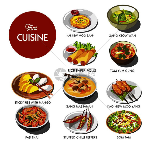 泰国菜和传统泰国面条汤香饭纸卷或汤沙拉和辣椒泰国餐厅菜单的矢量
