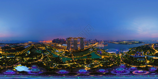 360全景以18度角为无缝全景观察新加坡下城的空中景象亚洲技术智能城市金融区夜里有天梯大楼背景图片