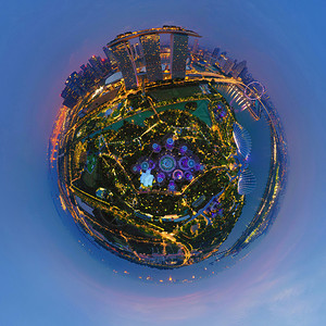 小行星360度环球鸟眼观新加坡市中心空观的全景亚洲城市金融区和商业中心夜幕天梯大楼图片