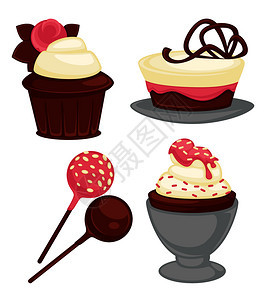 甜点加巧克力和草莓果酱甜点加奶油玫瑰蛋糕圆棒糖和香草冰淇淋加饼干孤立的卡通矢量插图甜点加巧克力和草莓果酱图片