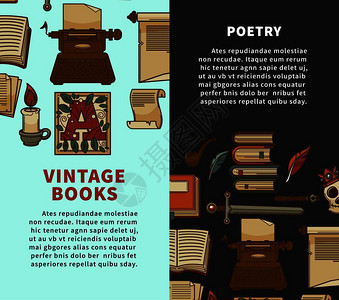 书店或的图海报古老小说或和诗作文具的矢量设计烟斗或悲剧头骨古代和典钢笔书店或图馆的诗作海报图片