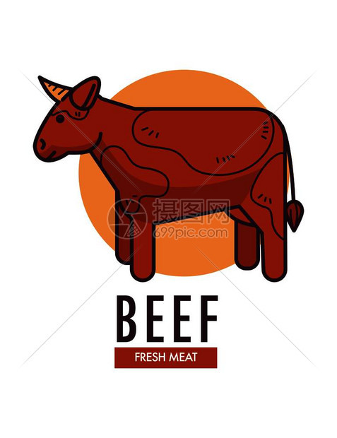 牛肉新鲜类促销标志配有尖角的成年奶牛家庭餐具在农场上以商业标志卡通矢量插图图片
