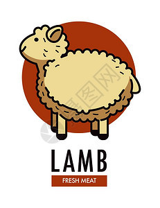带毛羊的肉鲜促销徽章在广告标志型的圆形长毛家畜卡通矢量插图背景图片