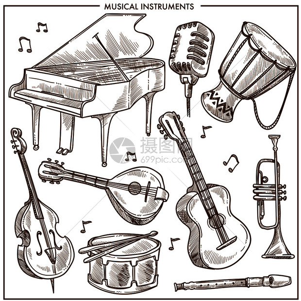 音乐器素描收藏钢琴爵士萨克斯和复古音乐麦克风反转盘和长笛或非洲鼓