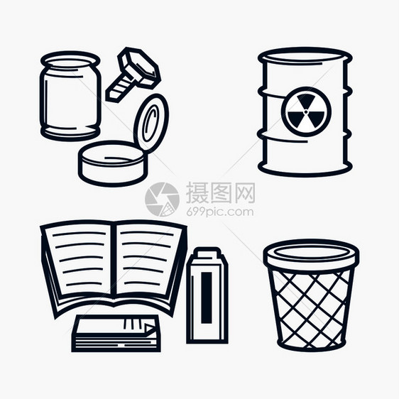 金属螺栓玻璃罐露天有毒废物桶小篮子和废纸孤立的卡通片状单色矢量图集图片