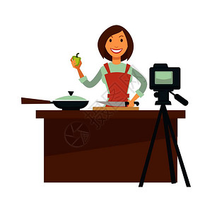 博客作者或Vlogger概念孤立的人物博客作者或Vlogger女则拍摄矢量烹饪图片