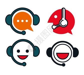 用户支持服务聊天或虚拟助理图标集矢量器在耳机环网络元素中隔绝微笑面孔供客户协助或在线咨询人帮助客户支持服务在线聊天矢量图标图片