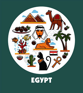 海报在圆圈内印有标志和结构的埃及宣传海报著名的金字塔和凤凰传统菜象征动物和在横幅上的自然漫画矢量插图图片