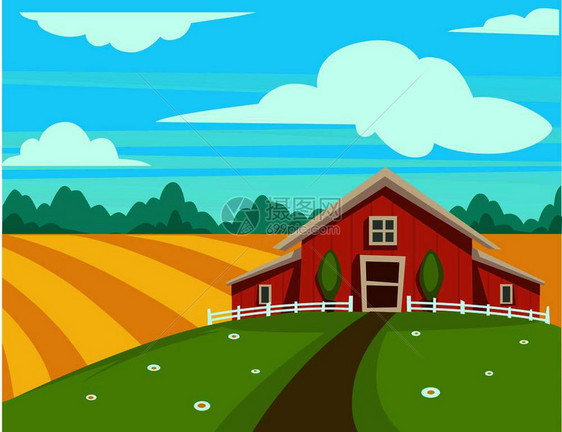农户建筑的矢量卡片平板设计以及收获田野农业风景场图片