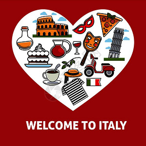 意大利宣传海报里面有符号文化元素精美的食物和古建筑孤立的卡通平方矢量插图图片