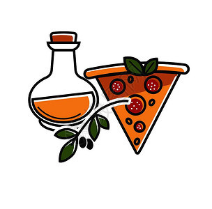 意大利产的优质橄榄油和美味的比萨饼意大利传统食品和天然产作为旅游者吸引的绝世美食孤立的卡通平面矢量图图片