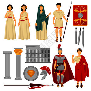 古罗马男女角色和古老遗迹身着勇敢士大开赛和日常长袍的人旧建筑和孤立的卡通矢量插图集图片