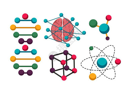 用于分子和遗传科学研究的DNA分子图标用于遗传生物技术的矢量分离子公式和人类大脑用于分子基因科学研究的DNA分子矢量图标图片