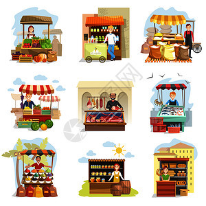 卡通街头摊和农场市食品柜台矢量元素图片