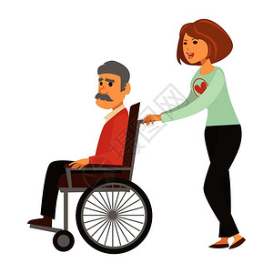 矢量社会志愿者妇女作为护士帮助残疾或老年男子护理轮椅志愿工作或人员护理图片
