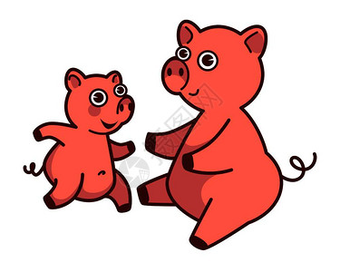 带眼睛宠物母猪正要拥抱她的婴儿带着粉色皮肤和卷尾巴的有趣农村动物