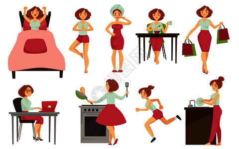 妇女日常矢量图标卡通妇女日醒来吃早餐和锻炼或女商人在办公室工作厨房购物和做饭以及洗碗妇女日常矢量图标图片
