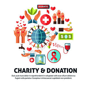 用于社会基金行动的慈善和捐赠海报献血或捐钱的矢量符号以及帮助和医疗志愿援助图片