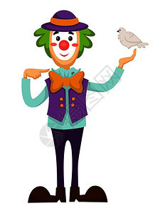 马戏团法中小丑手持鸽鸟矢量卡通滑稽小丑戴假发鞠躬和微笑图片