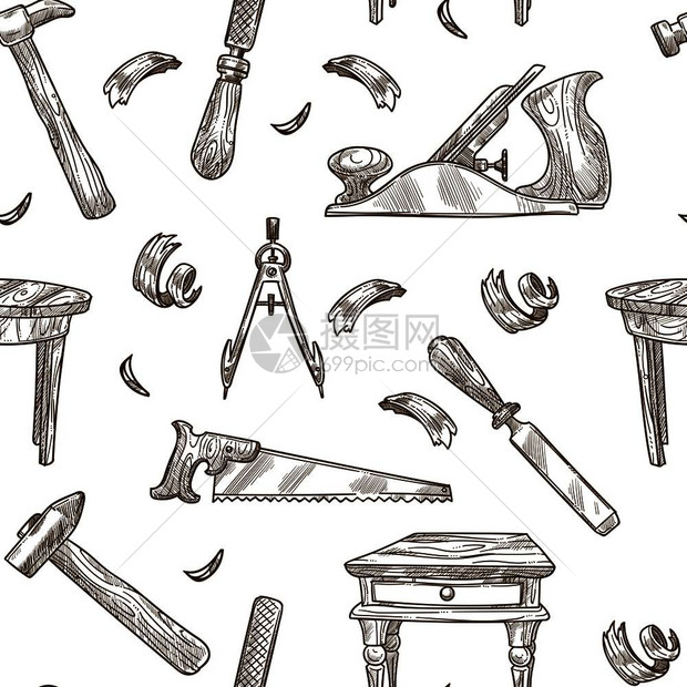 木制磨机或锯和锤子的矢量无缝草图配有指甲木制桌剃须和器图片