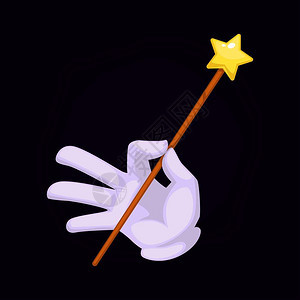魔术师手佩戴有杖和恒星的手套魔术焦点由熟练的魔术师表演手持同棒的人手势在黑色矢量插图上被隔离的abracadabra魔术师手佩戴图片