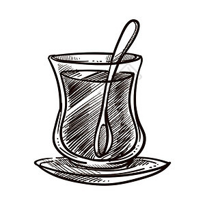 土耳其传统饮料茶用小型玻璃杯和盘子制成根据东方食谱制成的芳香饮料里面有勺子的麻瓜天然液单色素草图矢量说明传统土耳其饮料茶用玻璃矢图片