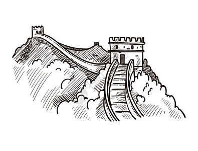 中国想文化长城单色草图大纲由石块和混凝土组成的著名里程碑旅游景点