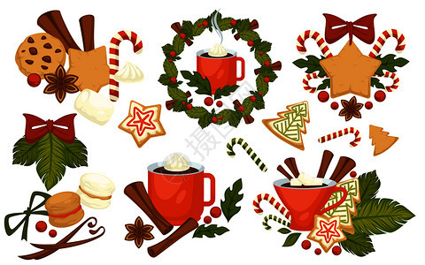 圣诞假日符号饼干和热饮媒介肉桂和糖果棒寄生虫和浆果装饰用弓丝带的铃声热咖啡饮料的麻瓜带姜汁糊圣诞假日符号饼干和热饮料矢量图片
