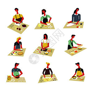 妇女在厨房桌上做饭披萨或汤切开食物原料用于烘烤或餐具煮饭矢量漫画孤立的图标女烹饪病媒漫画孤立的图标图片