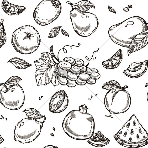 苹果热带芒和外来木瓜或葡萄和柠檬加网橙汁的矢量无缝设计水果草图矢量无缝背景图片
