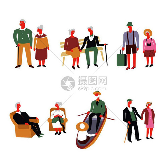 参加娱乐休闲和体育活动的老年人生活方式老年人口男女用手一起走坐在长椅上或旅行放松坐在扶手椅上乘船航行图片