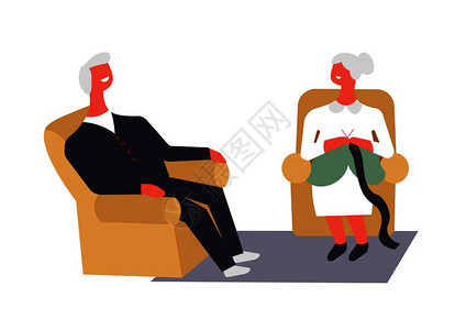 坐在扶椅上聊天织毛衣的老夫妻卡通矢量插图图片