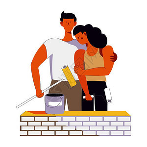 矢量不露面的年轻男女在砖墙上涂彩滚肩靠着头矢量年轻夫妇家庭在房屋建筑上图片