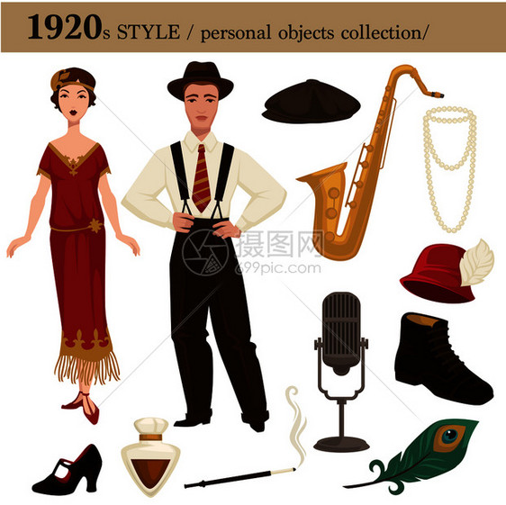 1920年男女服装和个人用品收集的时装风格带有鞋爵士乐或歌厅音萨克斯帽子和可穿饰品的病媒服装或西1920年男女个人用品的时装风格图片