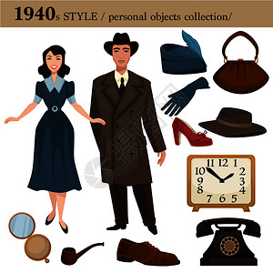 1940年男女服装和个人用品收集的时装风格带鞋子帽和可穿饰附件的矢量回衣服装或西的矢量回衣服1940年男女个人用品的时装风格图片