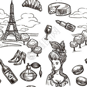 法国地标和著名符号草图背景矢量无缝巴黎埃菲尔铁塔或奶酪葡萄酒面包法国香水或用于旅行和游设计的时装鞋图片