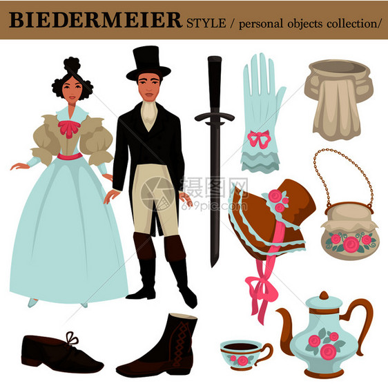 Biedermeier或奥地利德国的旧式男女服装和个人物品收藏图片