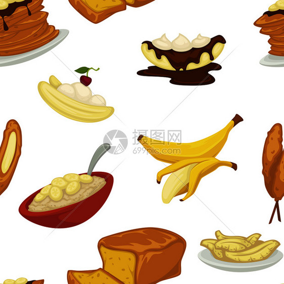 甜点类型带皮的香蕉和面包店无缝模式矢量的面包香蕉蛋糕和巧克力面粉煎饼和有谷物的碗甜面圈用樱桃白莓孤立餐烤食品甜菜和面包模式矢量的图片