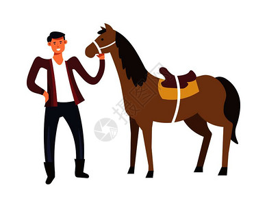 农民和照顾养马的男微笑孤立病媒养马触摸野检查家畜的情绪和健康人牲畜在农地饲养马和的孤立病媒图片