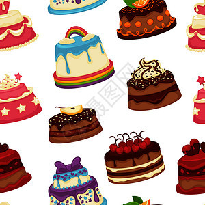 甜点和无缝模式矢量有装饰品彩虹和奶油水果切片和浆草莓梨子的烤食品慕丝和托普装饰的面包巧克力甜点和图片
