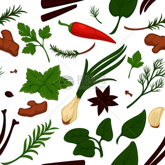 新鲜产品和蔬菜植物天然有机叶子洋葱和肉桂姜胡萝卜烹饪蔬菜和绿树草本以及无缝病媒图片