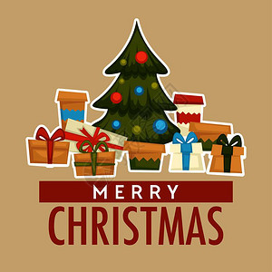 圣诞节日快乐冬季节日快乐松树长青配有花岗岩矢量的装饰礼品盒和物装在有丝带的盒子里配有球玩具的花瓶和礼物图片