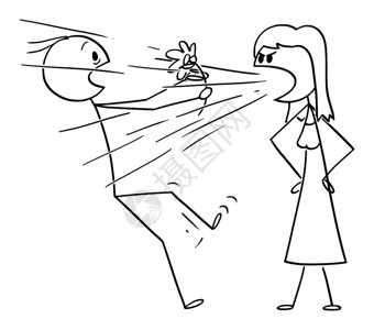 矢量卡通插图描绘女在约会时对持有花朵的男子喊叫或尖的概念图图片