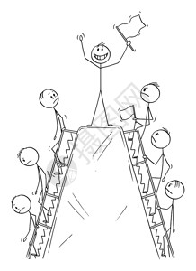 矢量卡通棒图绘制男子或商人攀登山丘的概念图以享受山顶上成功的时刻然后下山图片