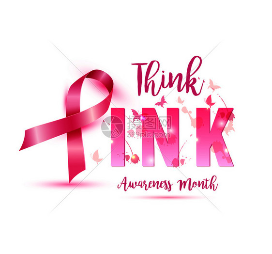 乳腺癌认识概念说明粉色丝带符号水彩斑点与文字认为粉色矢量手图解图片